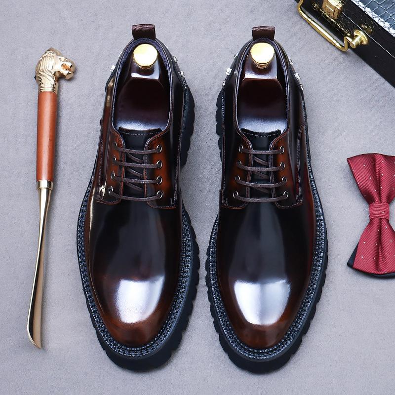 Men's New Business Dress Leather Shoes Platform Round Head Leather Men's Shoes Casual Wedding Shoes