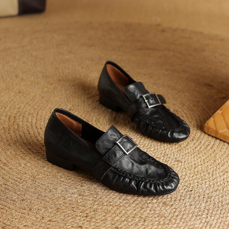 Krazing Pot Cow Skin Spring Summer Size 40 Loafers Thick Low Heels Pleated Decoration Women Round Toe Leisure Pumps