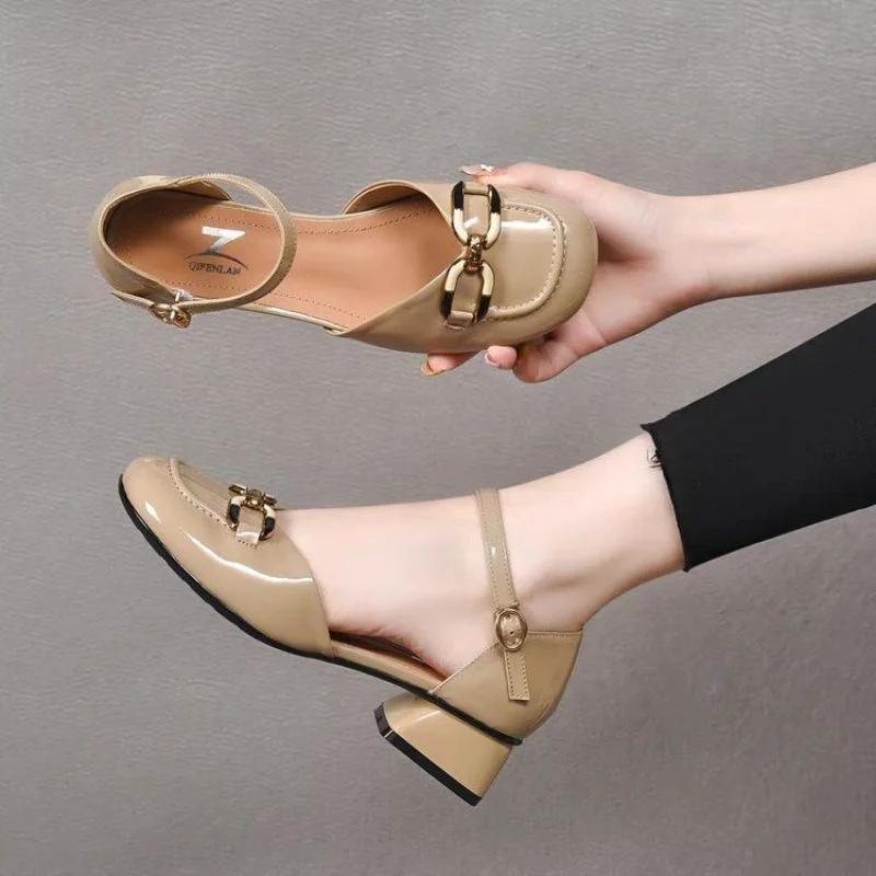 Fashion Block Heel Ladies Footwear Cute Metal Decoration Women's Shoes Chunky Heels Luxury Leather Casual Low Elegant Round Toe Kawaii E