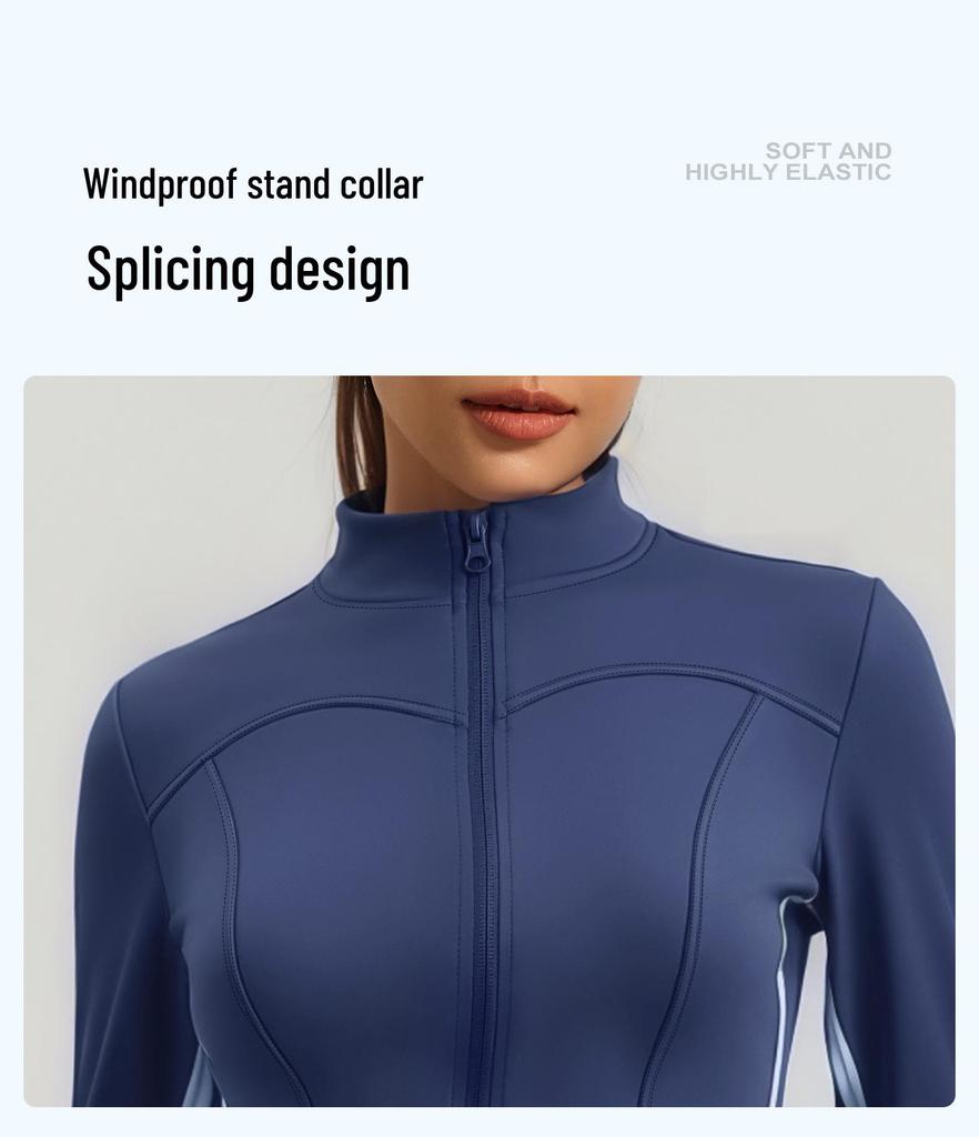 Women's Autumn & Winter Stand-up Collar Yoga Jacket, Waist-cinching Slim Fit, Long-sleeve, Outdoor Sports, Double-stitched Color-block Design.