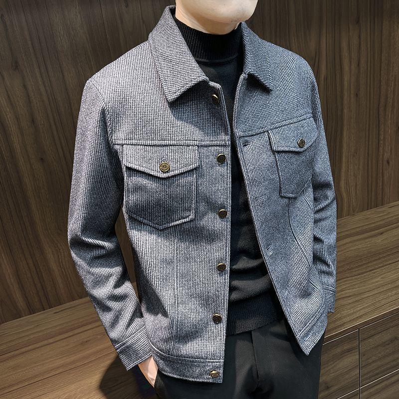 

Short Woolen Jacket Men s Trendy Autumn and Winter New Plaid Jacket Versatile Coat S темно-серого