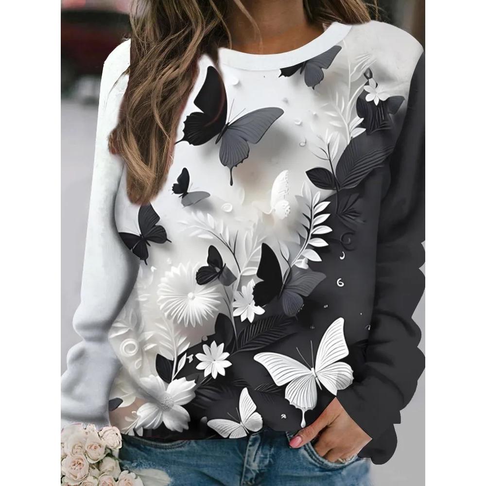 Fashion Versatile Flower Print Women's Top Long Sleeve Casual Loose T-Shirts Women’s Pullovers Long Sleeves Women’s