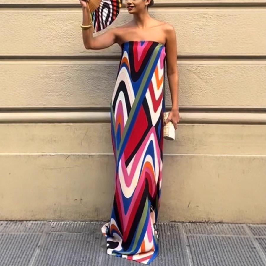 European and American women's printed tube top dress fake two pieces high split sleeveless sexy woman