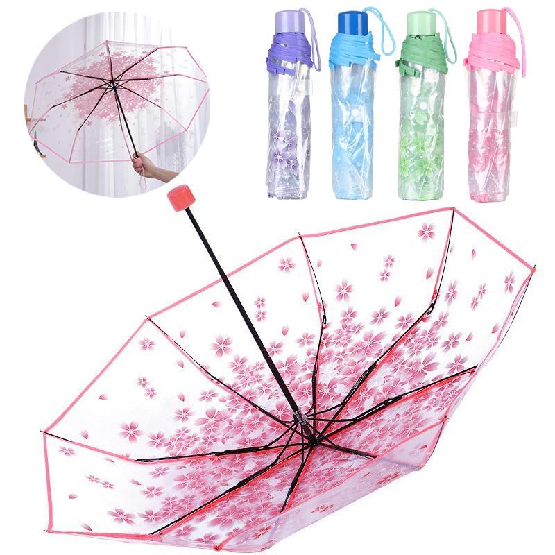 1PC Three-Fold Beauty Cherry Blossom Transparent Umbrella Rainproof Fold Umbrella Handheld Windproof