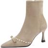Light Luxury Pointed High Heel Short Boots Women's Pearl Black Suede Thin Heel Elastic Thin Boots Temperament Celebrity Boots Shoes