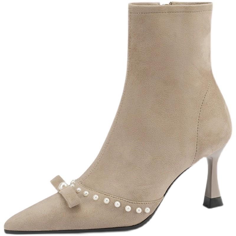 Light Luxury Pointed High Heel Short Boots Women's Pearl Black Suede Thin Heel Elastic Thin Boots Temperament Celebrity Boots Shoes