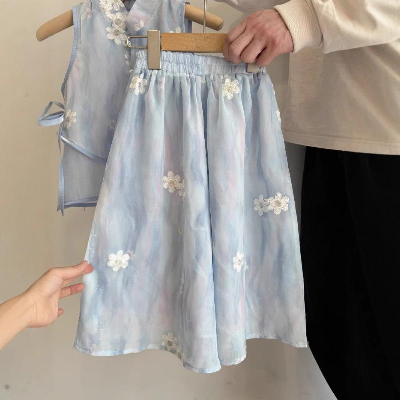 Summer Girls' Set with Embroidered Flower and Nine Fen Mosquito Resistant Wide Leg Pants