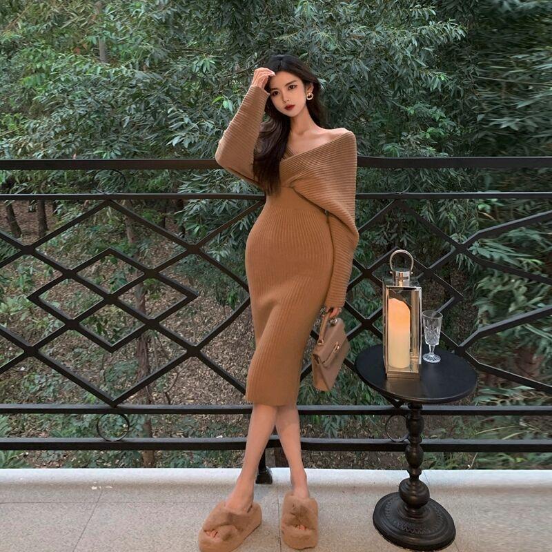 

Свитер-юбка средней длины и длинная потрясающая сексуальная с открытыми плечами вязаное базовое платье женское новое осень и зима XL верблюд