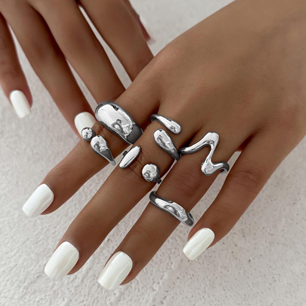 Salircon 6Pcs/set Vintage Irregular Gold Color Open Ring for Women Classic Geometry Smooth Metal Finger Ring Couple Jewelry Gift