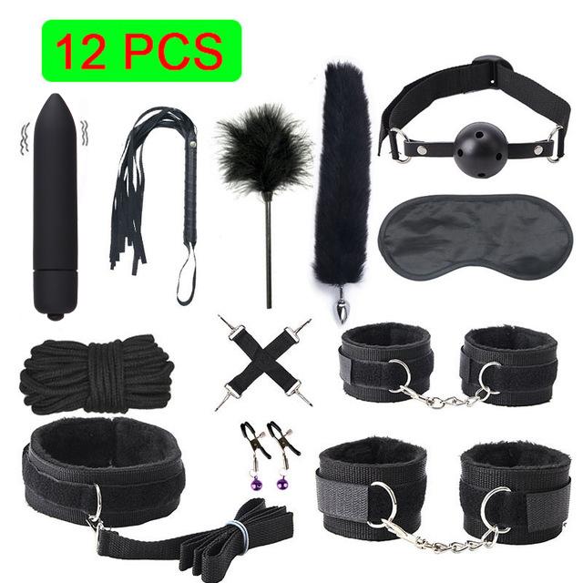 Sexy Leather BDSM Kits Plush Sex Bondage Set Handcuffs Sex Games Whip Gag Nipple Clamps Sex Toys For Couples Exotic