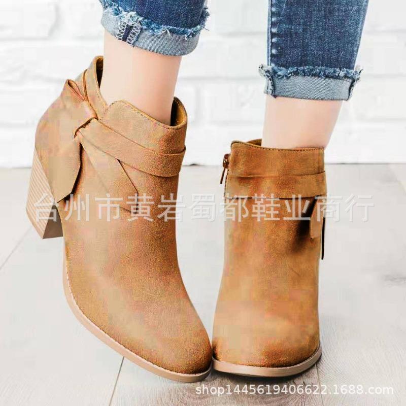 Autumn and Winter New Thick Heel Side Zipper Round Head Bow Martin Boots Women's Large Size and Ankle Boots