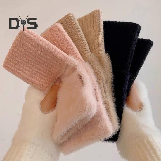1 Pair Women Winter Gloves Half-finger Thick Plush Elastic Warm Heat Retention Non-slip Windproof Wrist Protection Cycling Riding Mittens
