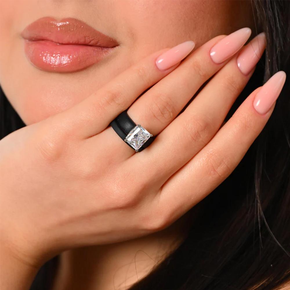 Ladies' black silicone double band CZ ring, emerald cut cubic zirconia engagement wedding ring, Gothic bridal jewelry gift
