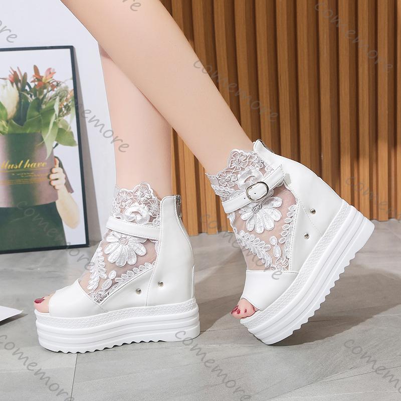 Fashion Comemore Summer Buckle Platform Sandals Women Cool Boots 10cm Wedges High Heel Height Increasing Peep Toe Lace Breathable Shoes