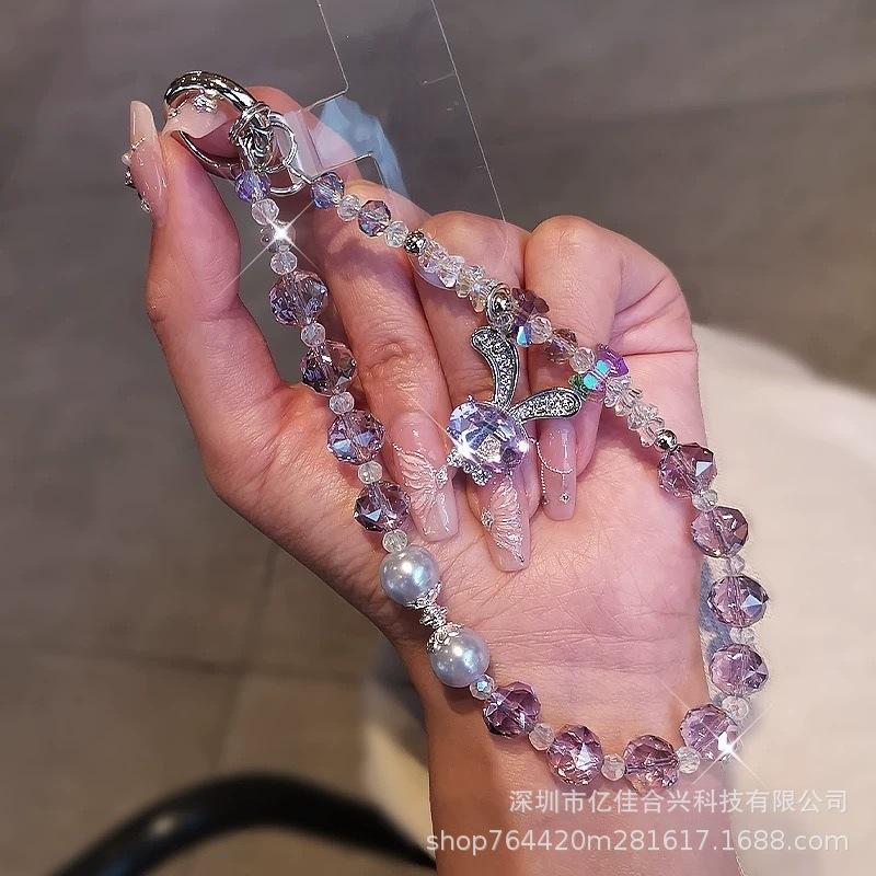 New Crystal Pearl Crystal Lanyard Beaded Mobile Phone Lanyard Wholesale Dream Rabbit Rhinestone Pendant