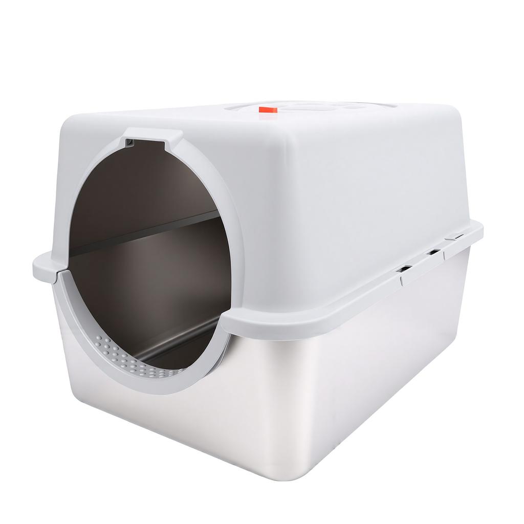 Cat Litter Box Enclosed Large Stainless Steel Base Easy Clean Mess Proof Odor Control Resist Design Dual Entry Options with Scoop