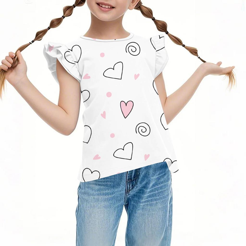 Children's Casual Short-Sleeved Pleated Cute Floral Printed Round-Neck Top