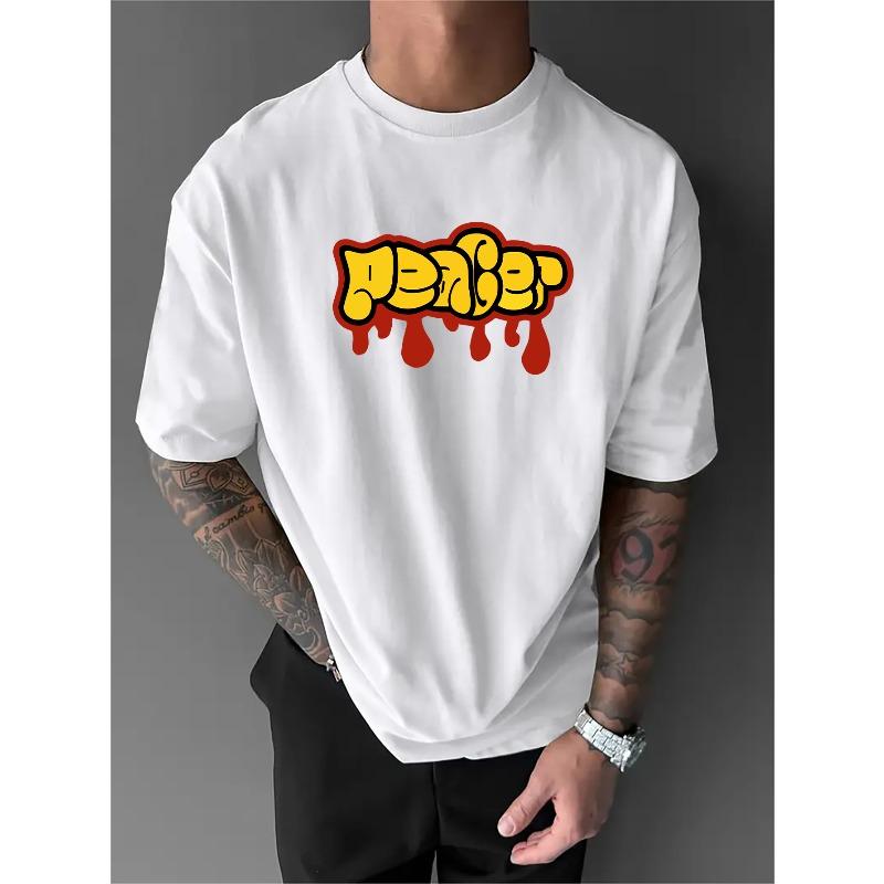 European Size Men s Trendy Plus-size Drop-shoulder Printed Short-sleeve Brand Design, Geometric Letter Print, Fashionable S