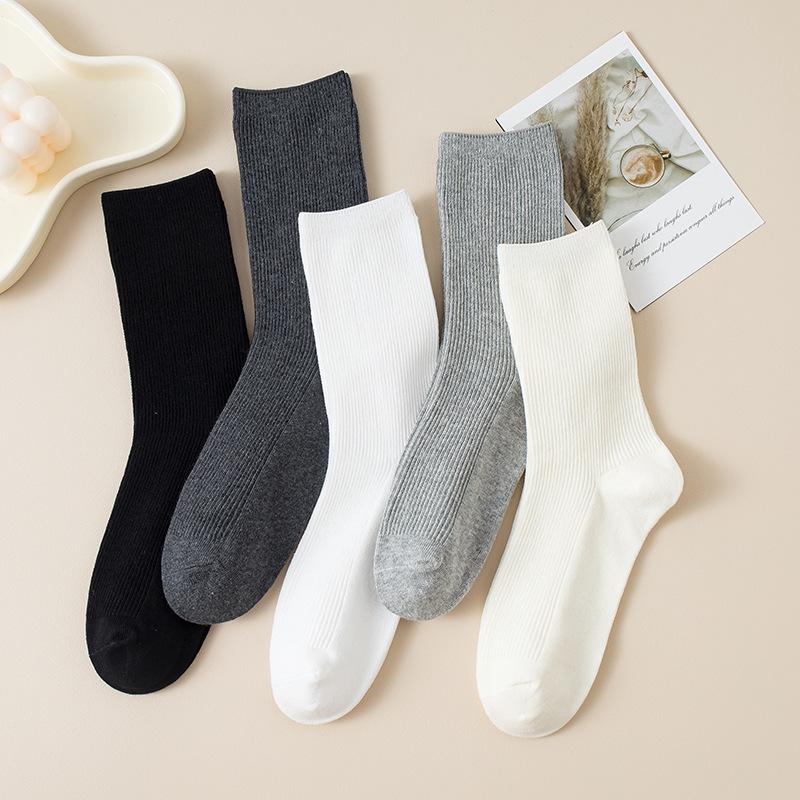 5 Pairs Boneless White Socks Women's Mid-calf Socks Autumn and Winter Cotton Tide Grey Double Needle Anti-pilling Long Stacked Socks