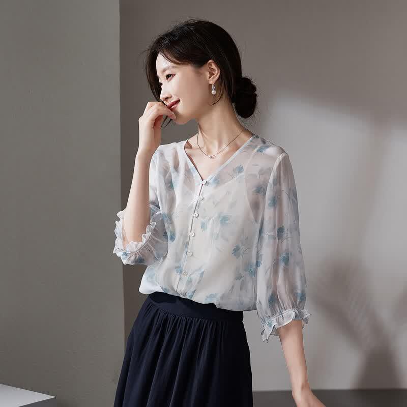 SOFSIL French Romantic Silk Seven-Quarter Sleeve Shirt L
