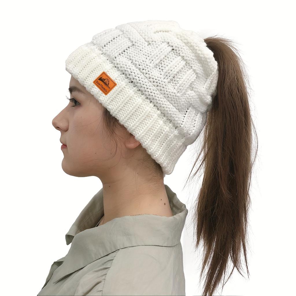 Women's Beanie Hat with Adjustable Toggle Closure - Winter Warm Windproof Elastic, Slouchy Fit for Ponytails & Buns