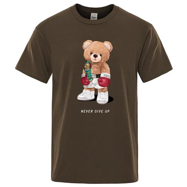 strong Boxer Teddy Bear Never Give Up Print Funny T-Shirt Men Cotton Casual Short Sleeves Loose Oversize S-XXXL Tee Clothing