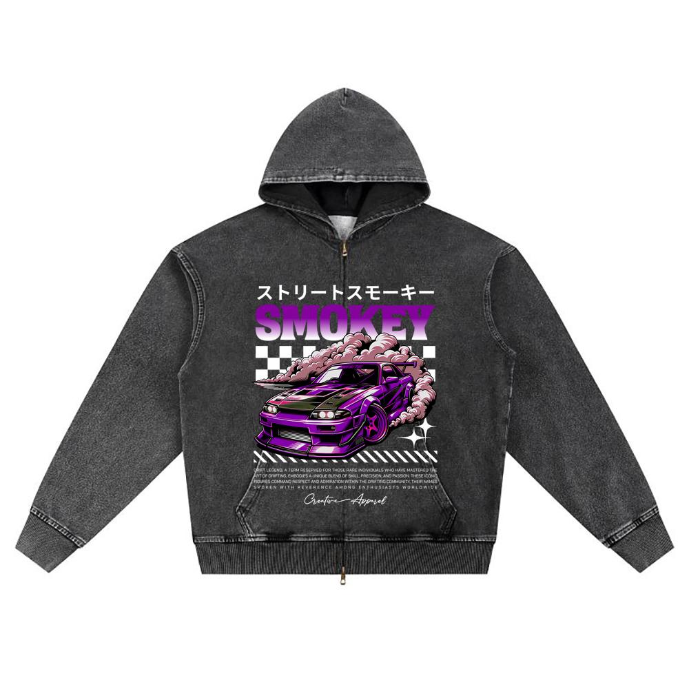 DTG Print Knitted Denim Zip-Up Hoodie Smokey Drift Streetwear Brother Print Zipper Hoodies  