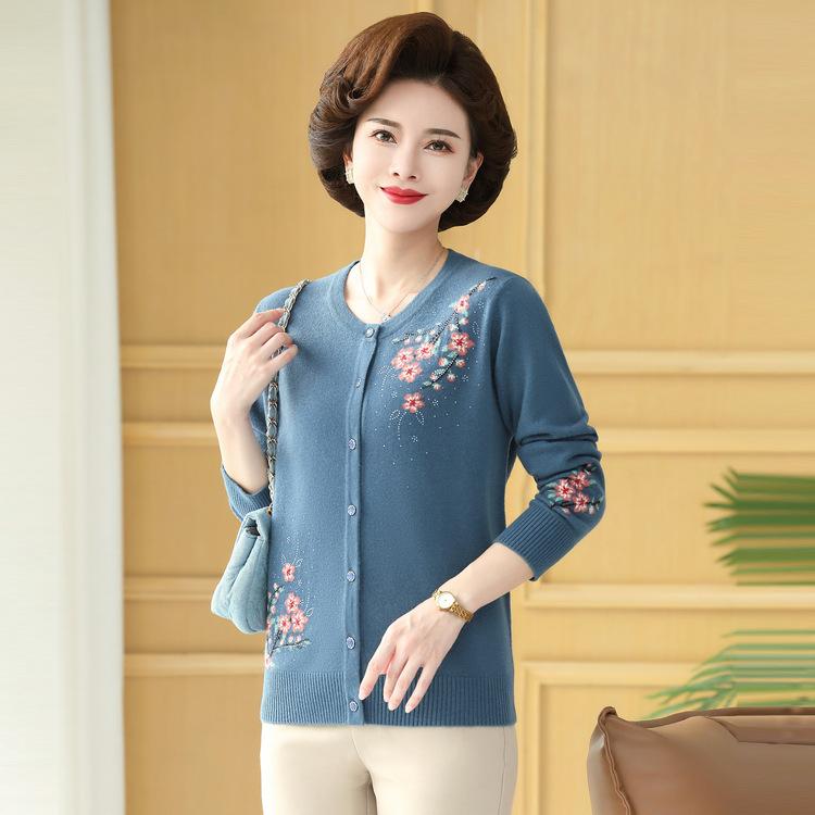 Middle-aged and Elderly Women's Sweater Bottoming Shirt Autumn New Heavy Industry Embroidery Cardigan Foreign Mother Fashion Age Reduction