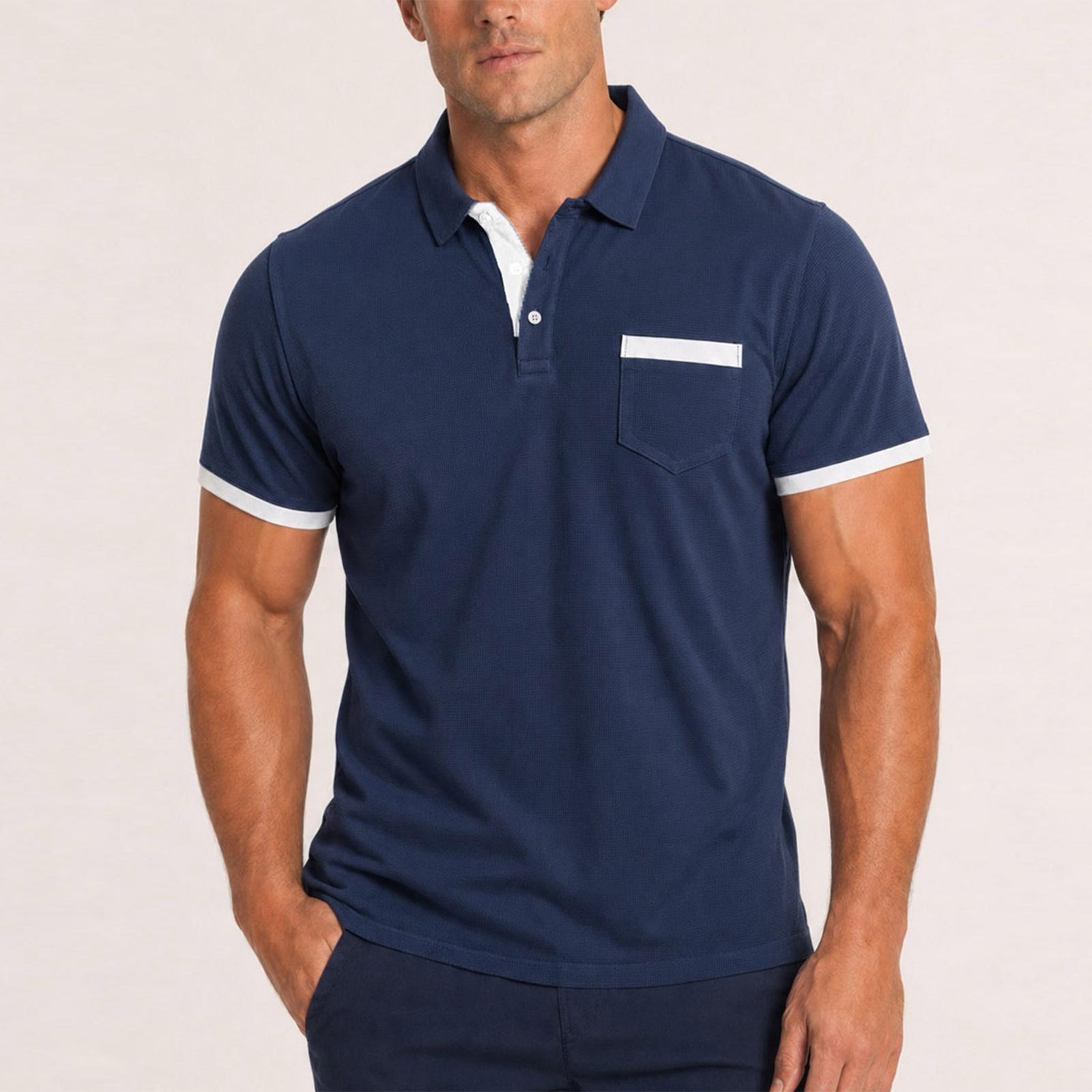 

Men s Short Sleeve Polo Shirt Breathable Ice Silk Fabric Classic Fit with Trim and Chest Pocket for Everyday Wear XXXL тёмно-синий