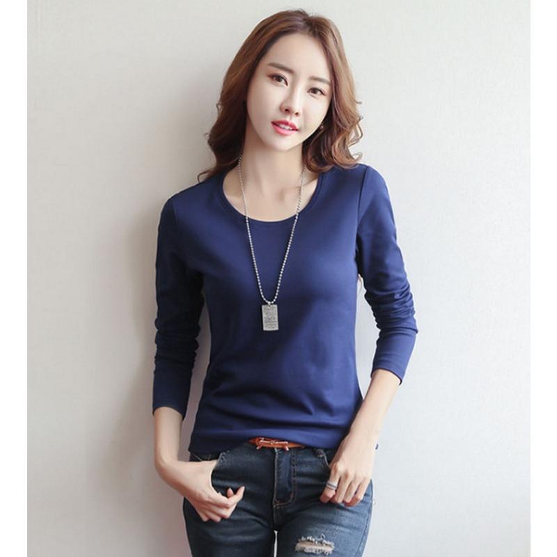 Round Neck Solid Color Long Sleeved Women's T-shirt