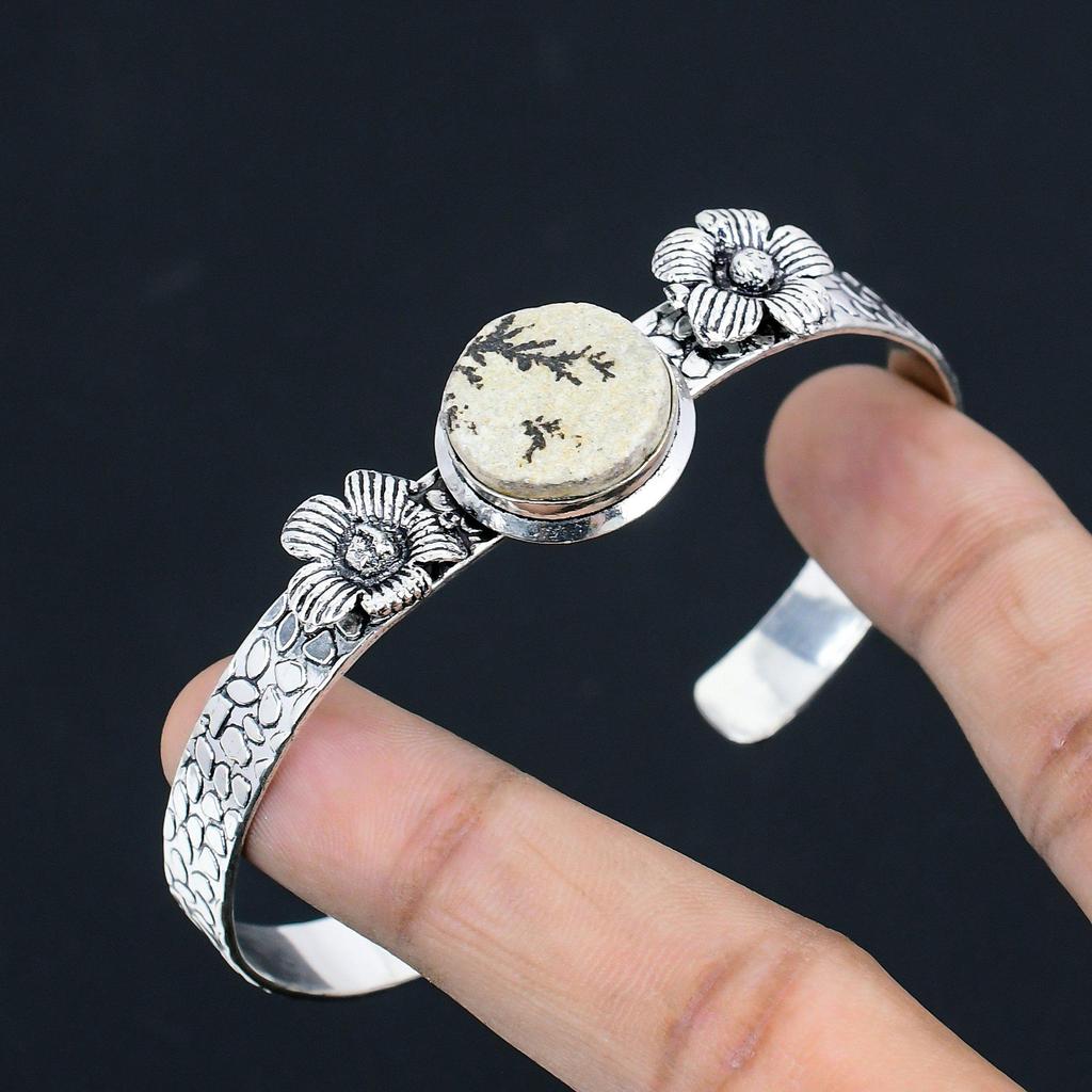 925 Sterling Silver Psilomelane Dendrite Stone Flower Artisan New Bangle Jewelry
