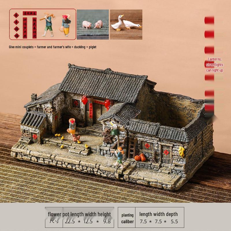 Retro Farmhouse Courtyard Miniature: Nostalgic Desktop Bonsai Decor for Living Room