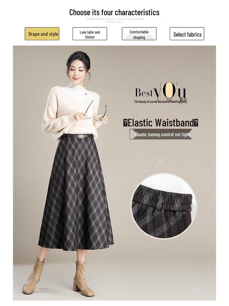 Women's High-Waist Woolen Plaid A-Line Skirt - Autumn/Winter 2025 Collection