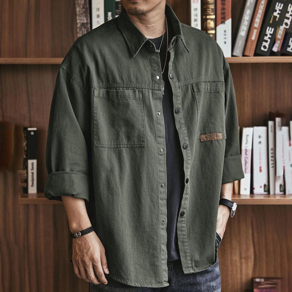 Men's Retro Military Green Heavy Work Shirt Jacket - Autumn Casual Loose Fit, Long-Sleeved
