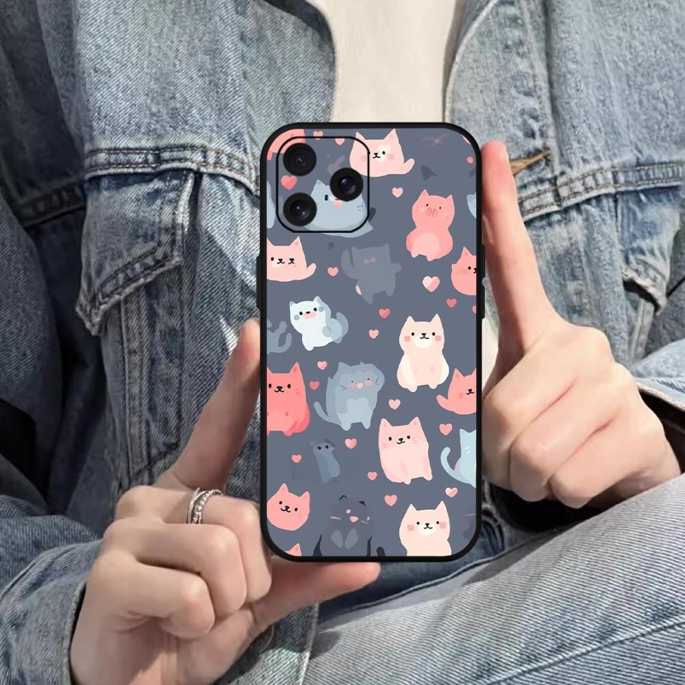 Cute Cat Cartoon Phone Case For iPhone Mini 11 12 13 14 15 Pro XS Max X Plus SE XR Black Soft Shell