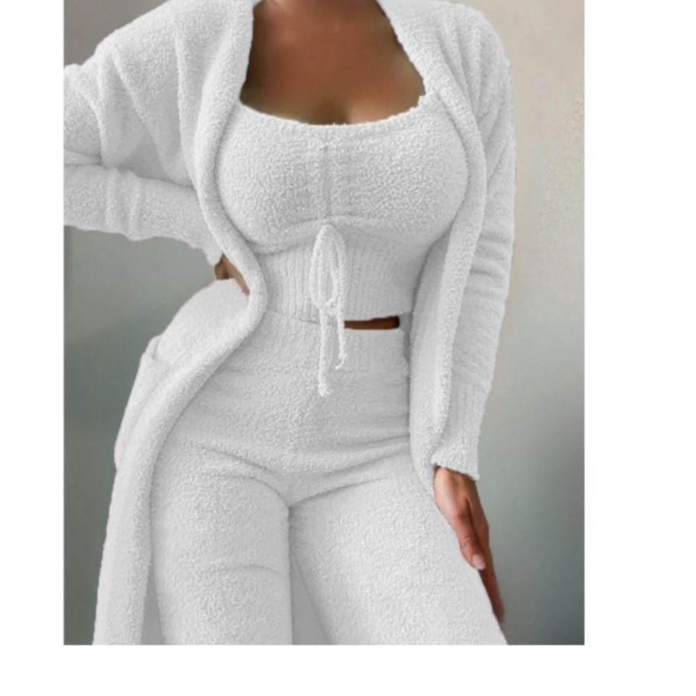 

Модный плюшевый кардиган на шнуровке, женский брючный комплект из 3 предметов, новый осенне-зимний однотонный повседневный теплый домашний комплект, женский комплект 2025 XS белый