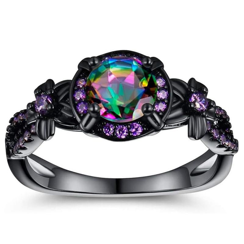 Huitan Women Black Ring Inlaid Bright Multicolored Cubic Zircon for Party Daily Trendy Accessories Unique Design Chic Jewelry