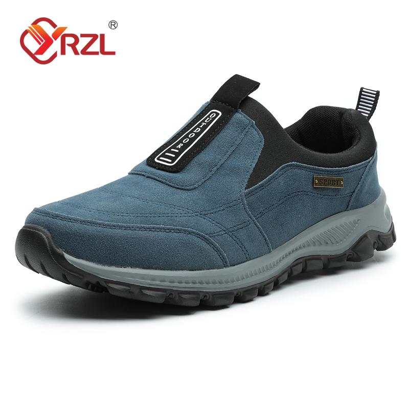 

Shoes Men Slip on Hiking Shoe Suede Leather Climbing Footwear Male Outdoor Light Soft Sole Trekking Walking Men Shoes 46 синій