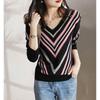Women's Slimming V-Neck Striped Long-Sleeve Sweater – Versatile Autumn/Winter Fashion.