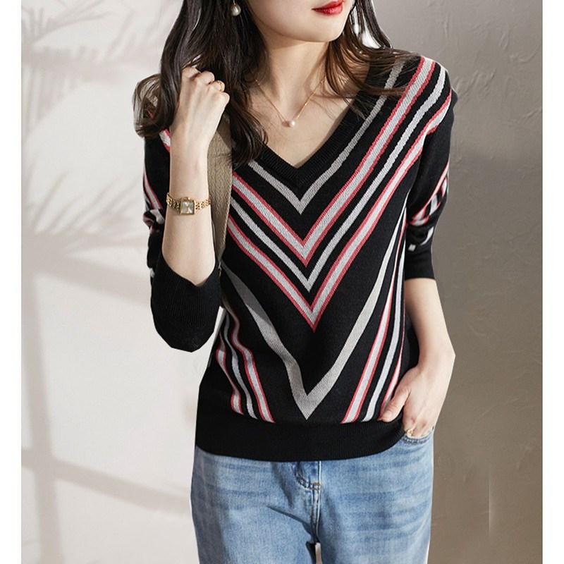 Women's Slimming V-Neck Striped Long-Sleeve Sweater – Versatile Autumn/Winter Fashion.