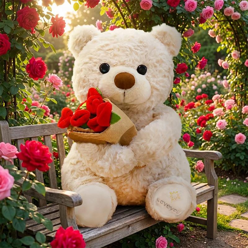 Neuer Bestseller Teddybär mit Rosen Plüschtier Weicher Bär Stoffpuppe Romantisches Geschenk für Liebhaber Heimdekoration Mädchen Geburtstagsgeschenk