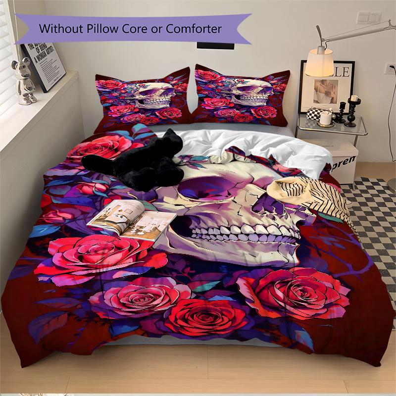 3-teiliges Schädel und Rosen Bettwäsche-Set - Weiches & Bequemes Polyestergewebe, Ganzjahres-Atmungsaktives Bettdecken-Set Für 1 Bettbezug & 2 Kissenbezüge