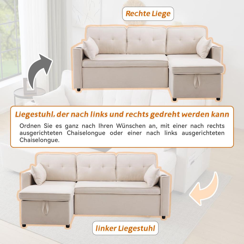 Corner Sofa with Sleep Function: Sofa Bed with Storage, Sleeper Sofa Storage, Cup Holders, Side Pockets, L-shaped, Beige