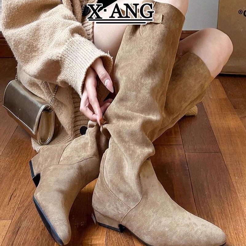 Cowhide version pointed thick heel pleated pile boots but knee high boots western cowboy boots long boots knight boots children