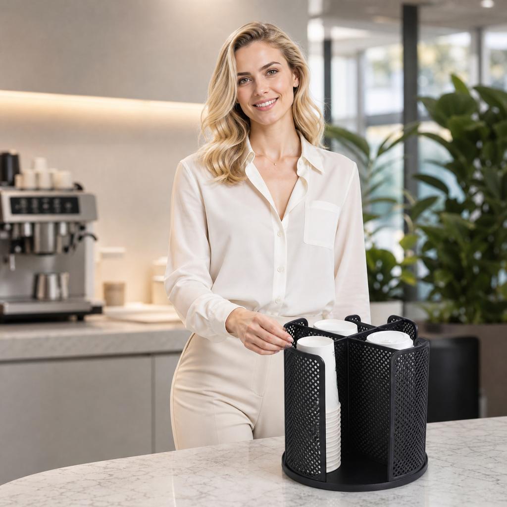 Rotating Disposable Cup Holder Organizer 360 Degree Swivel Storage Rack for Office Kitchen Countertop Space Saving