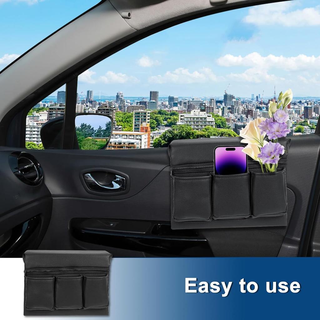 Car Window Side Storage Box,Leather Window Armrest Bag Black Car Door Window With Multiple Pockets,Universal Interior Accessories