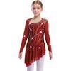 Girls Sparkly Rhinestones Dance Dress Mesh Long Sleeves Cutout Back Asymmetric Hem Figure Skating Dress