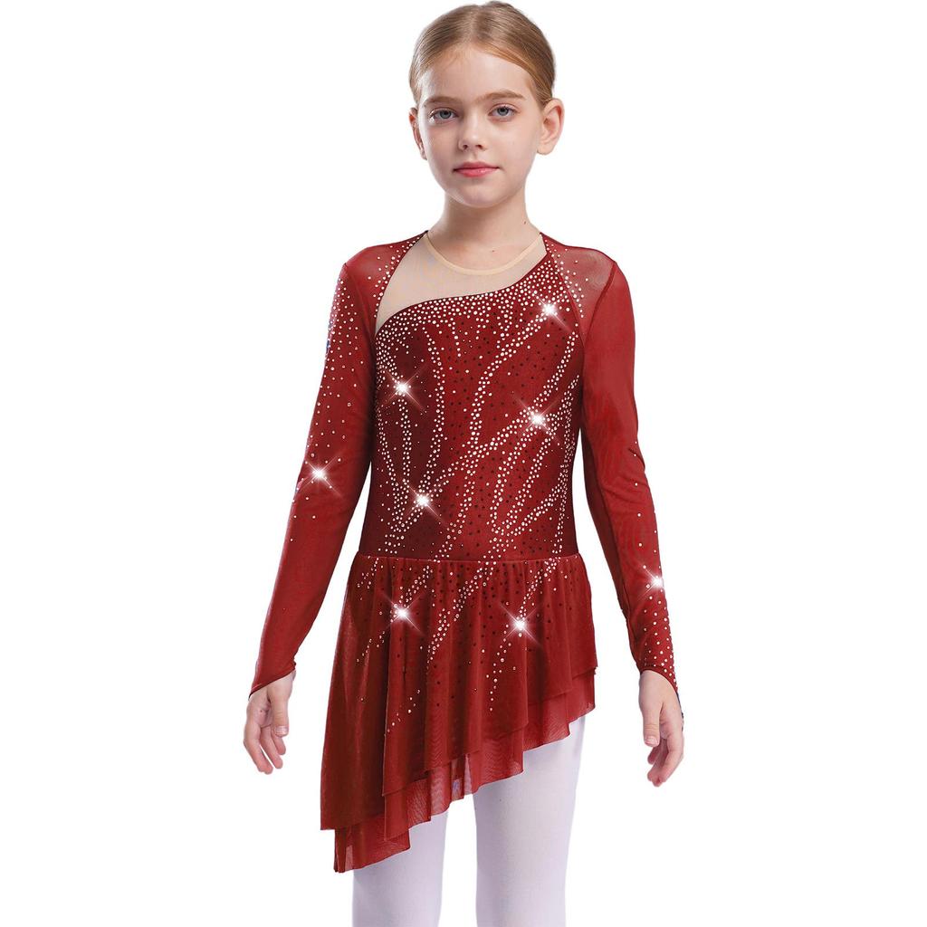 Girls Sparkly Rhinestones Dance Dress Mesh Long Sleeves Cutout Back Asymmetric Hem Figure Skating Dress