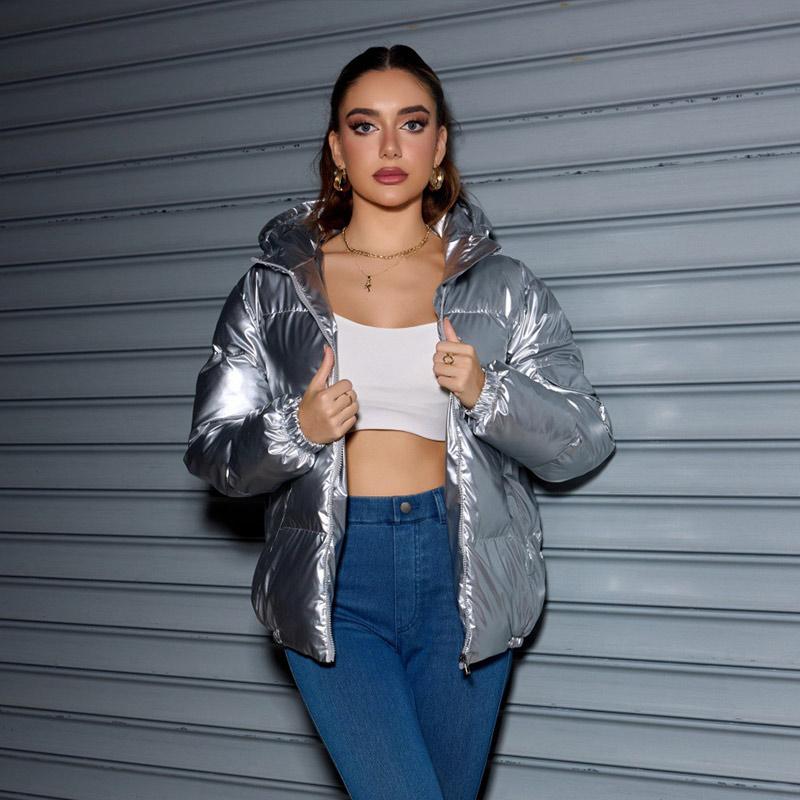 Winter Trendy Shiny Hooded Down Coat Women Long Sleeve Solid Color Slim Fit Cotton Warm Parkas Jacket
