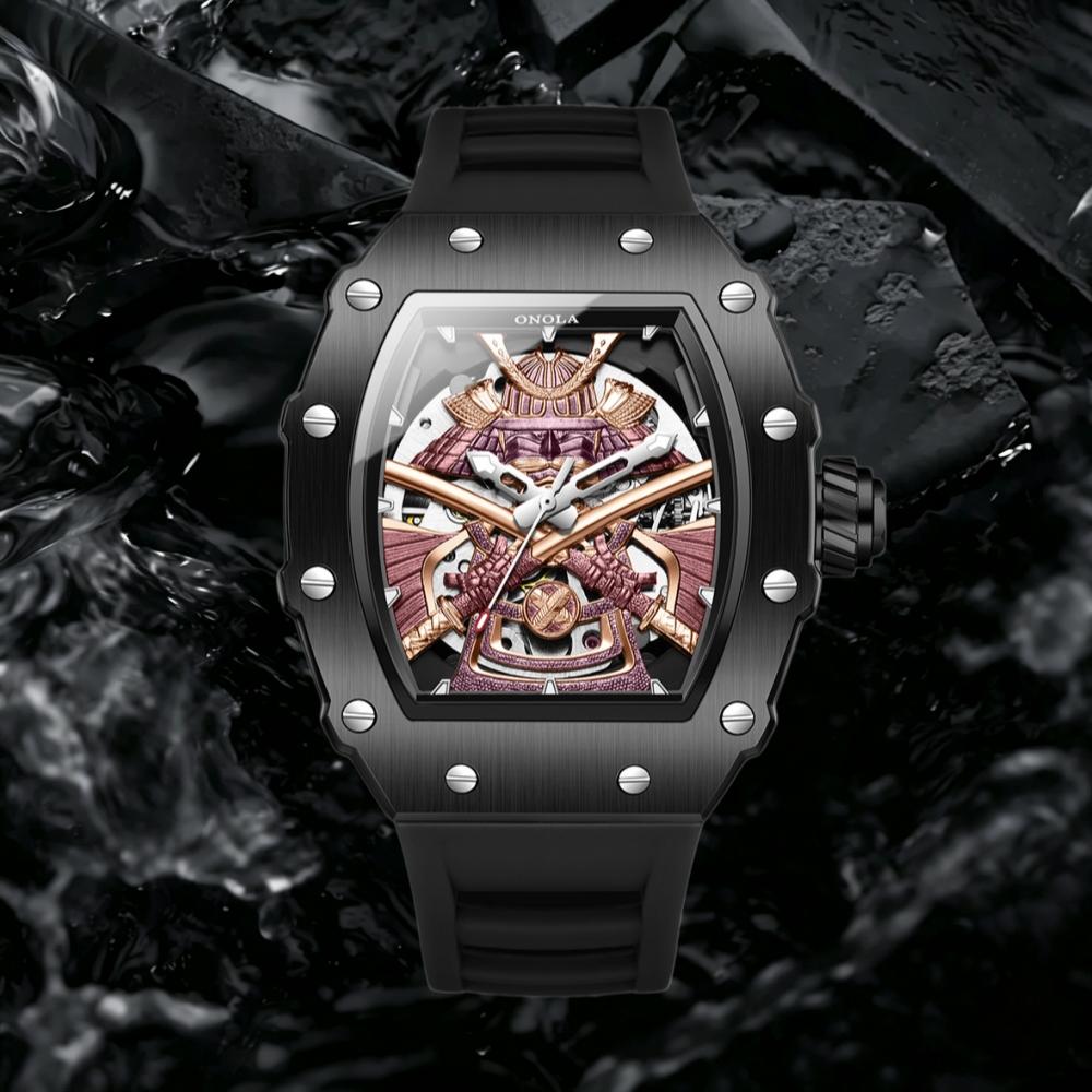 ONOLA Luxury Rose Gold Automatic Movement Fashion Black-warrior Dial Men Watch Waterproof Mechanical Watch for Man Best Gift